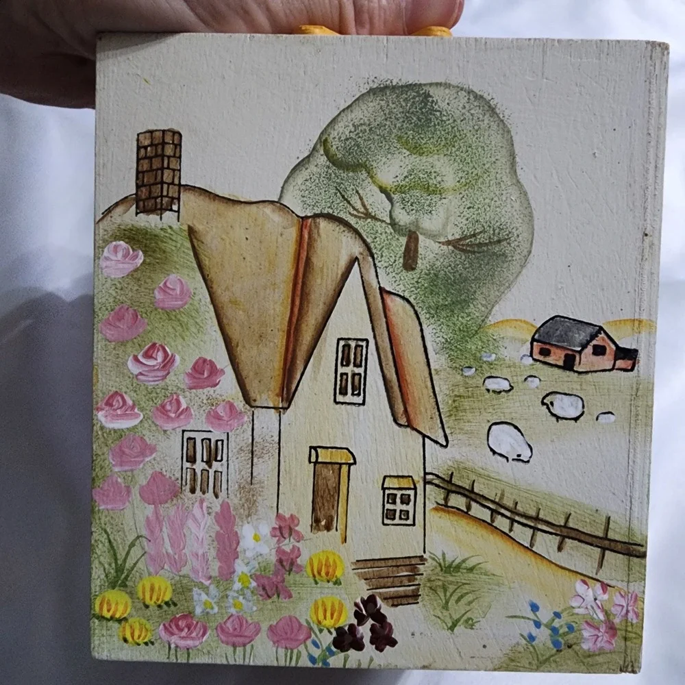 Vintage Hand Painted Wooden Farmhouse Tissue Box Cover Sunflower Barn Scene